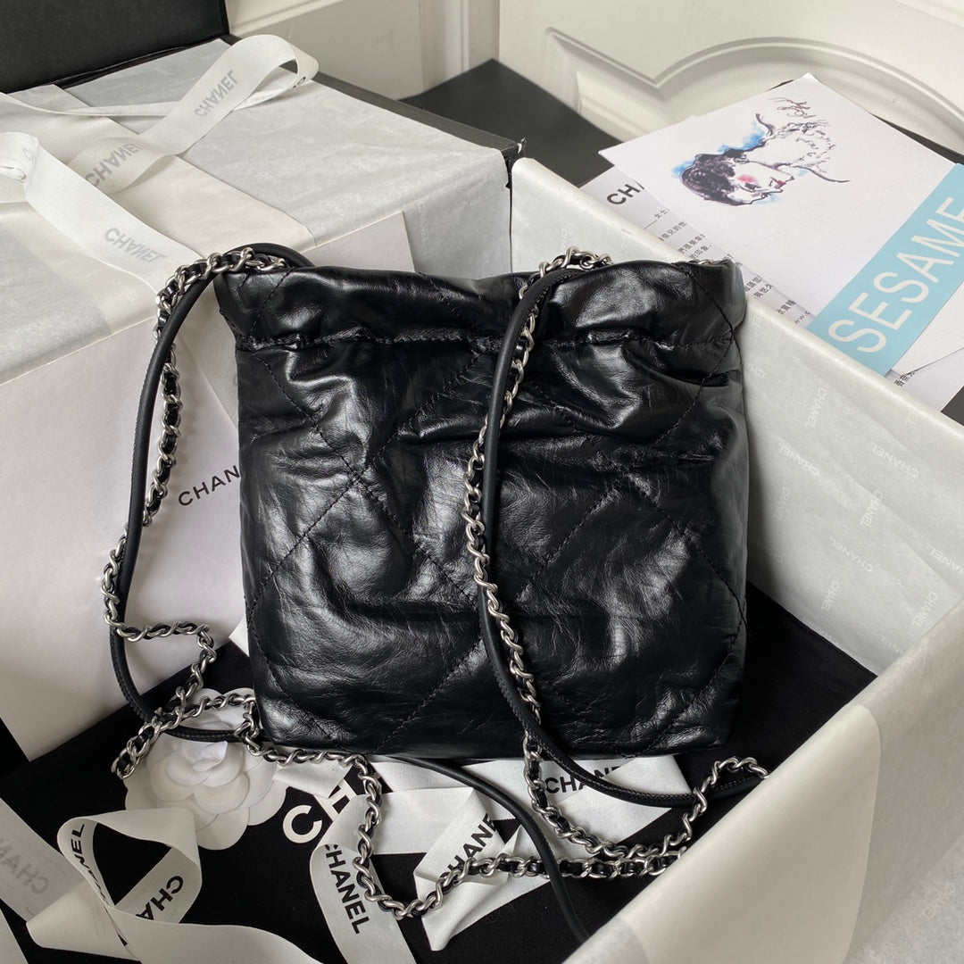 CHANEL 24S Hobo 22 Bag 20cm Black Aged Lambskin