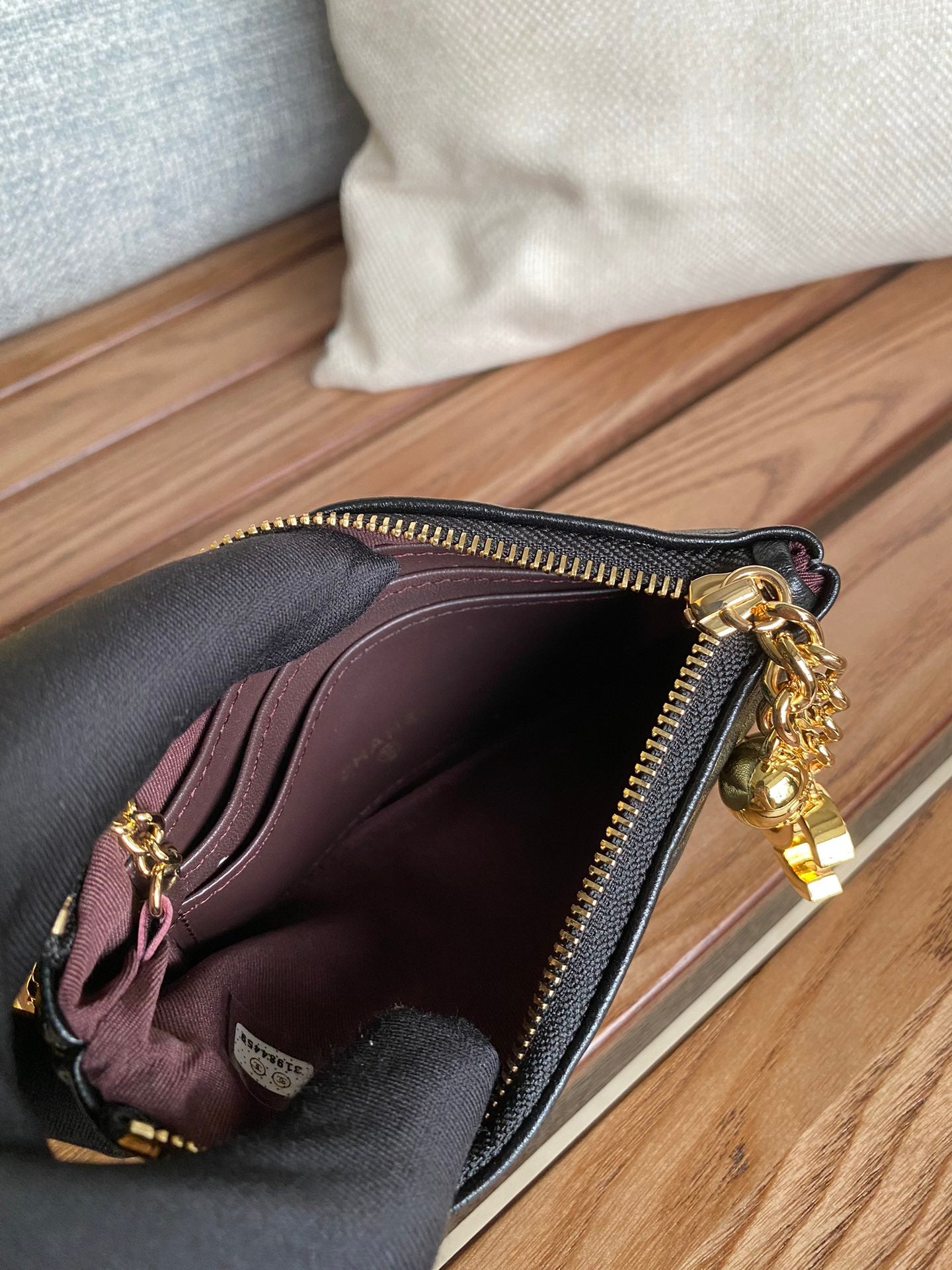 CHANEL zipped wallet 14cm black lambskin gold hardware