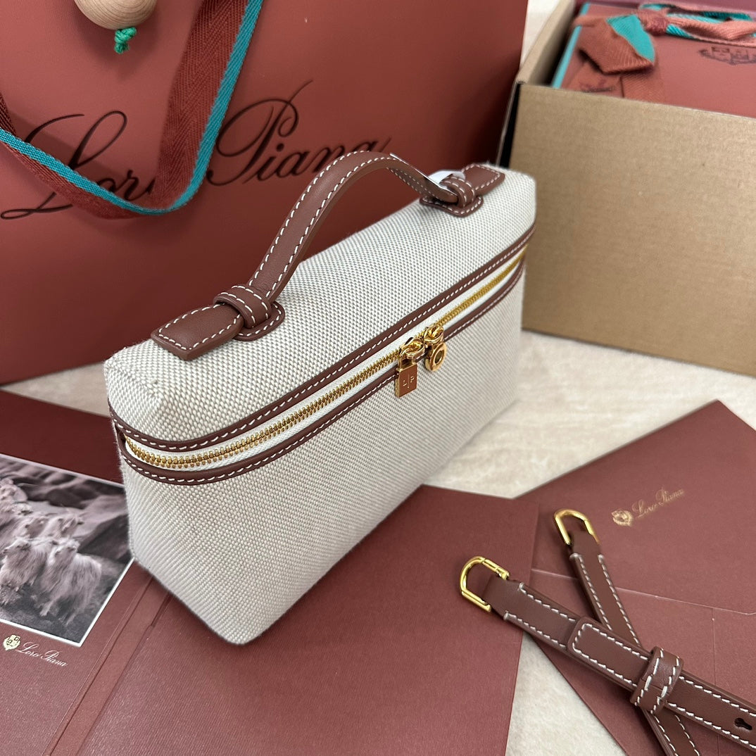 CHANEL Loro Extra Pocket L19cm Grey Canvas Burgundy Calfskin