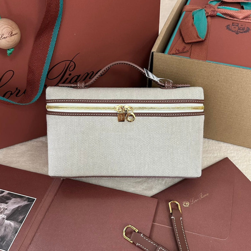 CHANEL Loro Extra Pocket L19cm Grey Canvas Burgundy Calfskin