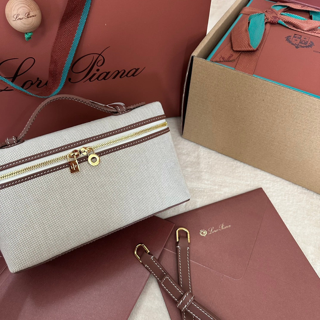 CHANEL Loro Extra Pocket L19cm Grey Canvas Burgundy Calfskin