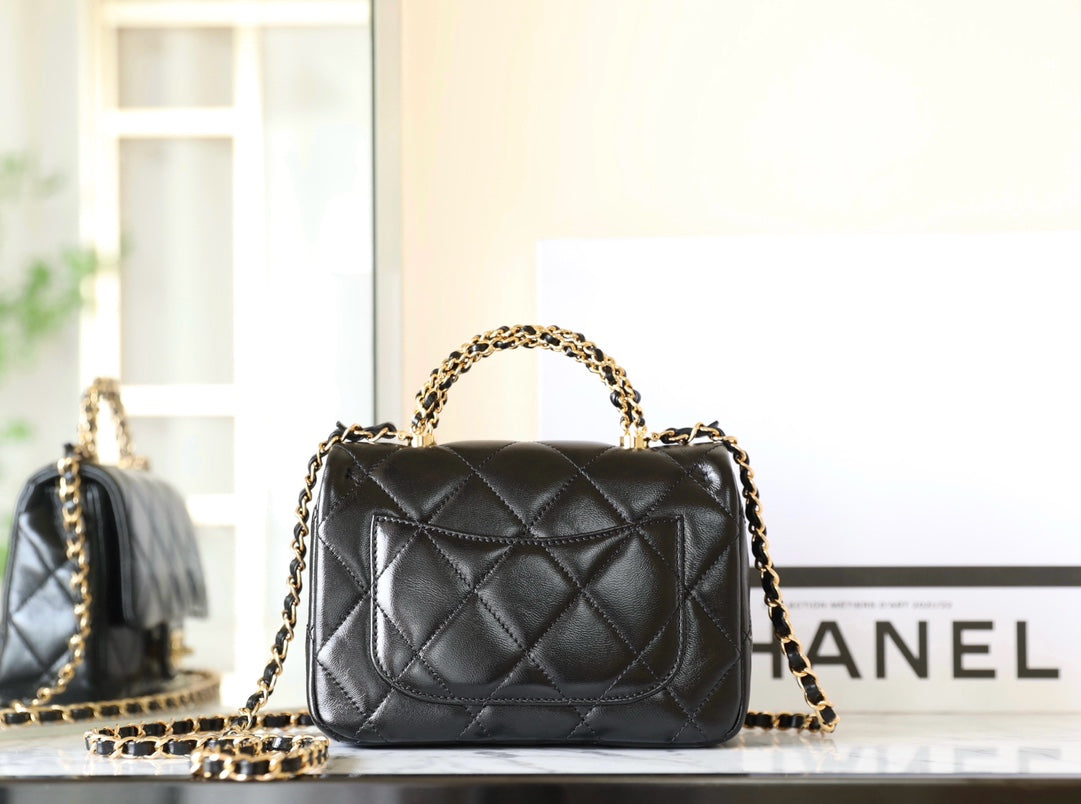 CHANEL 24B Mini Flap Bag With Top Handle 19cm Black Lambskin