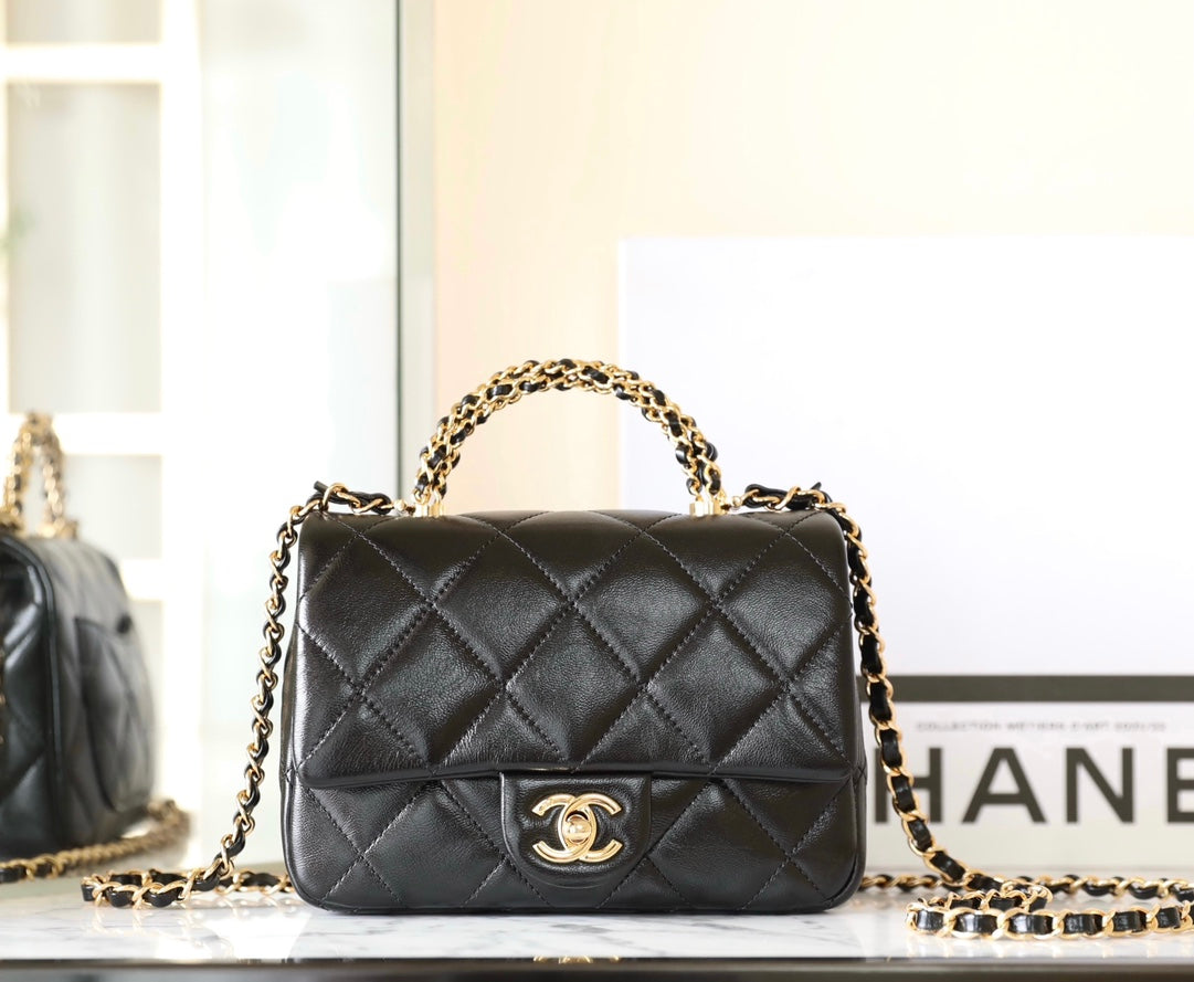 CHANEL 24B Mini Flap Bag With Top Handle 19cm Black Lambskin