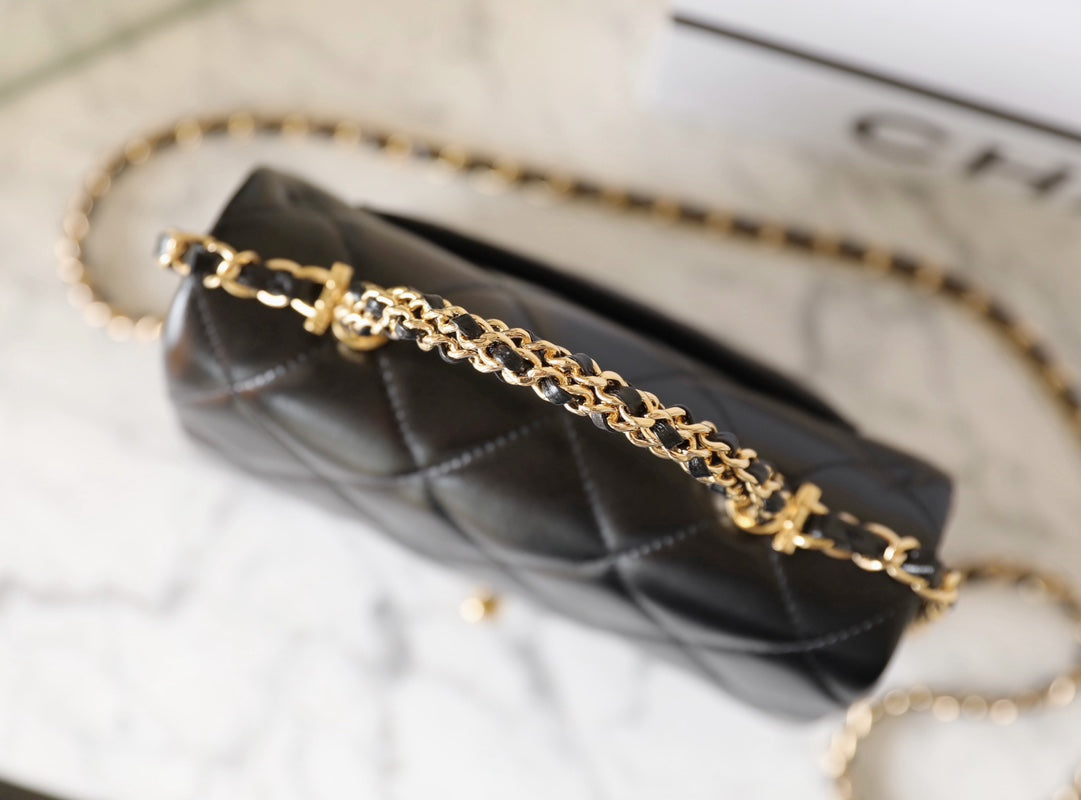 CHANEL 24B Mini Flap Bag With Top Handle 19cm Black Lambskin