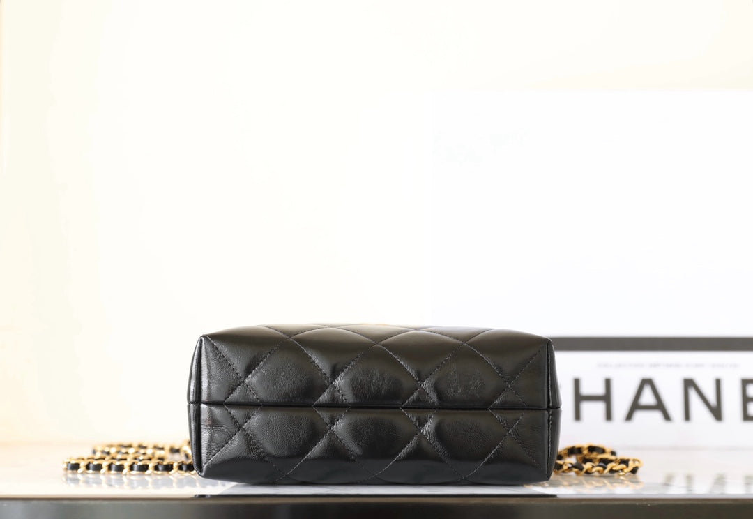 CHANEL 24B Cluth With Chain Black Lambskin Gold Hardware