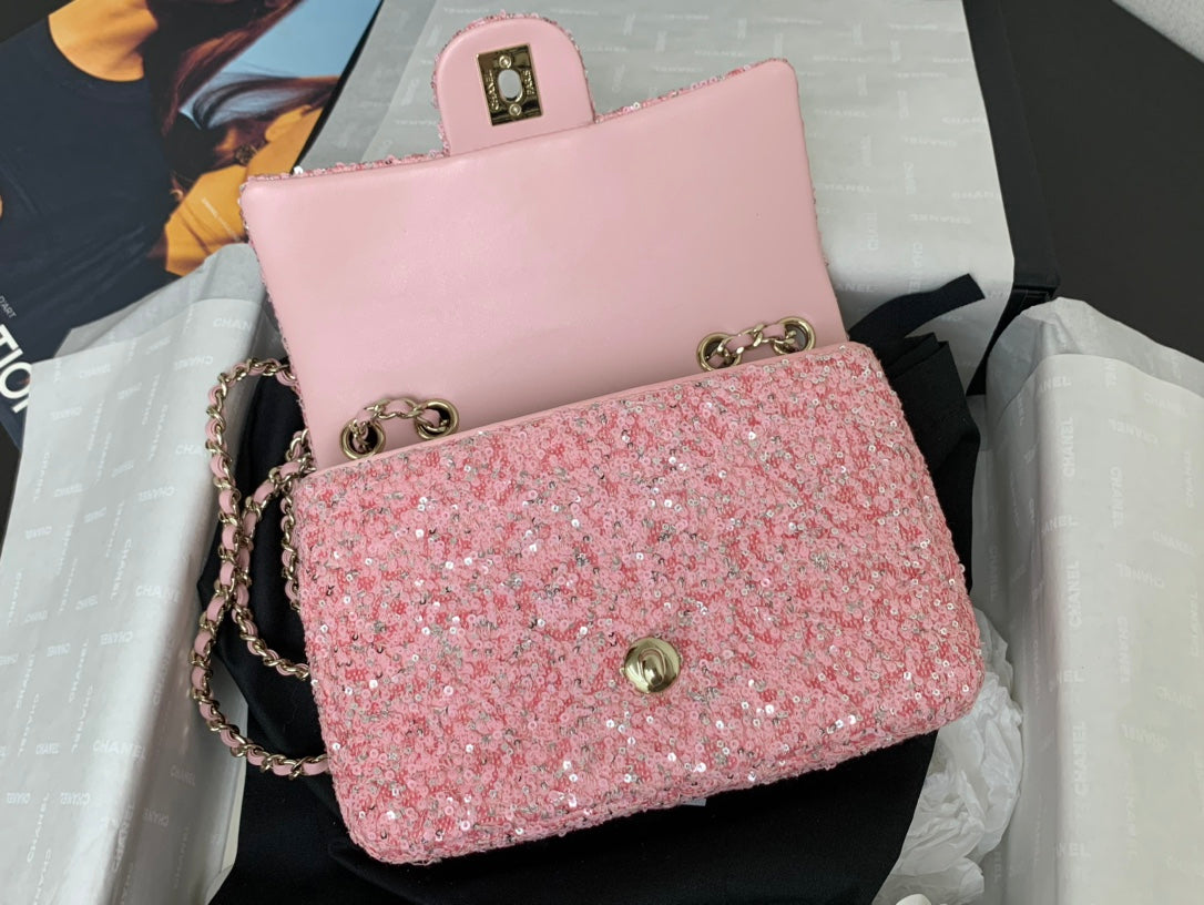 CHANEL 25C Flap Bag 20cm Pink Polka Dot Silver Sequin Calfskin
