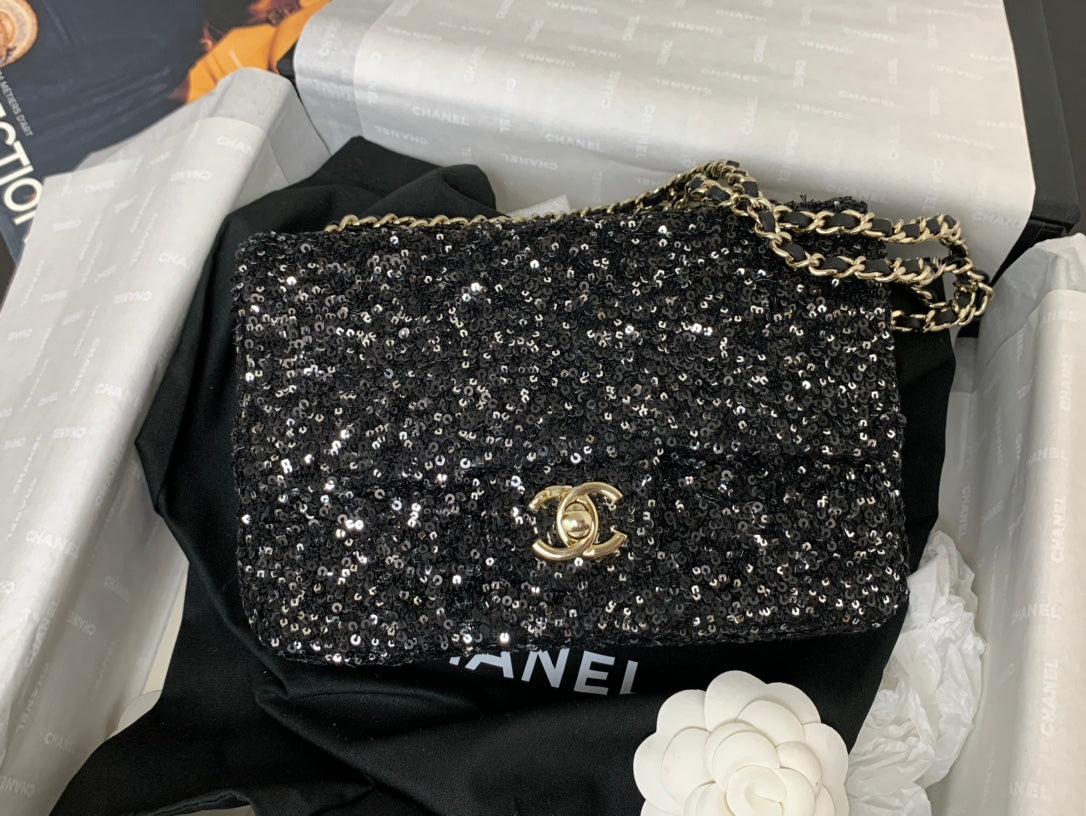 CHANEL 25C Flap Bag 20cm Black Polka Dot Silver Sequin Calfskin