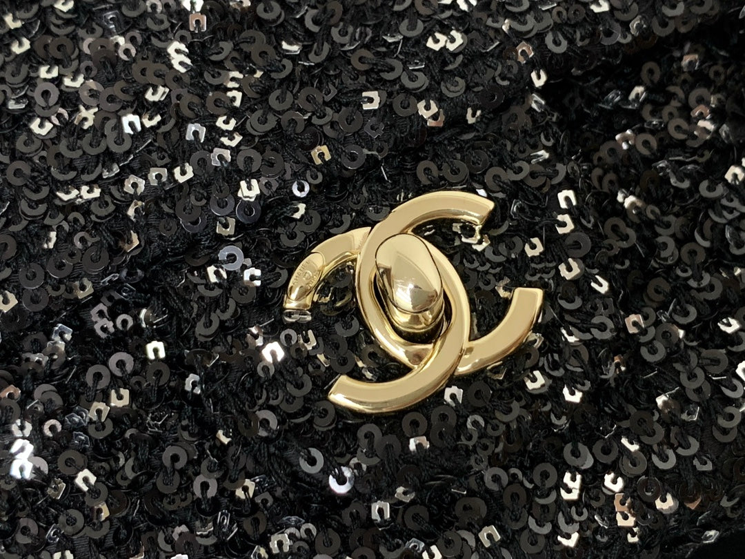 CHANEL 25C Flap Bag 20cm Black Polka Dot Silver Sequin Calfskin
