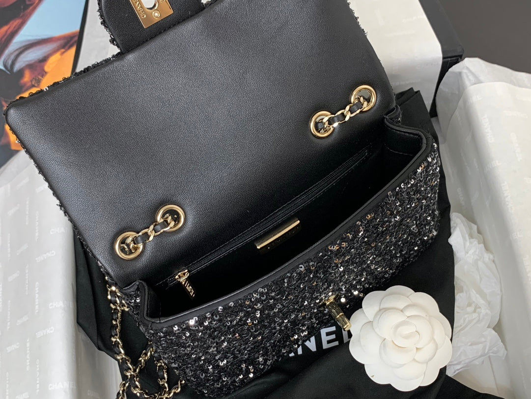 CHANEL 25C Flap Bag 20cm Black Polka Dot Silver Sequin Calfskin