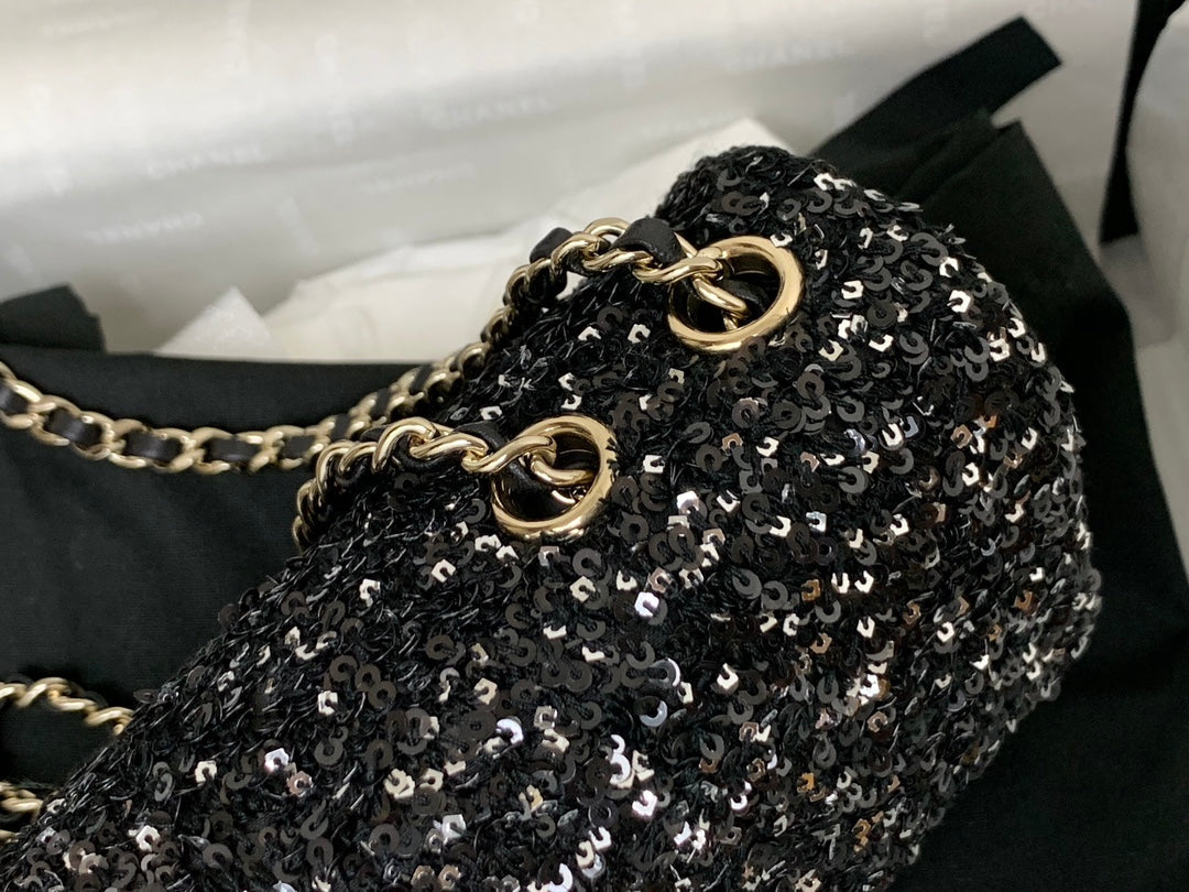 CHANEL 25C Flap Bag 20cm Black Polka Dot Silver Sequin Calfskin