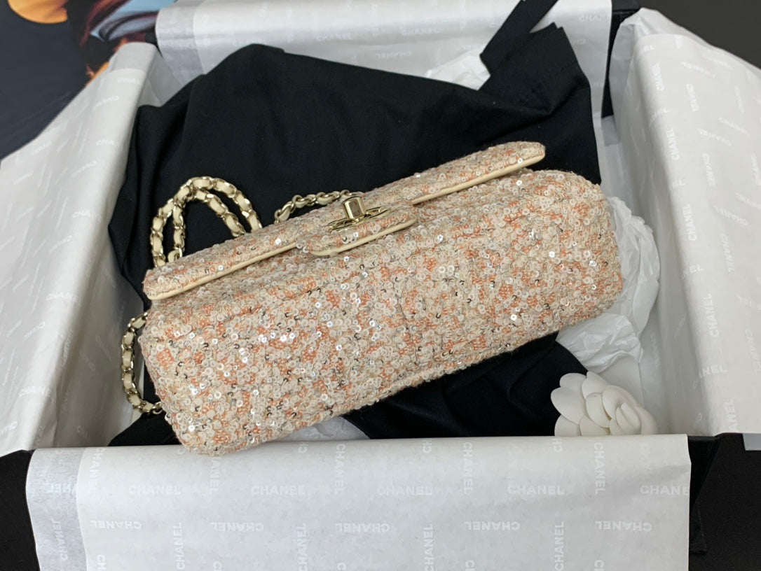 CHANEL 25C Flap Bag 20cm Beige Polka Dot Silver Sequin Calfskin