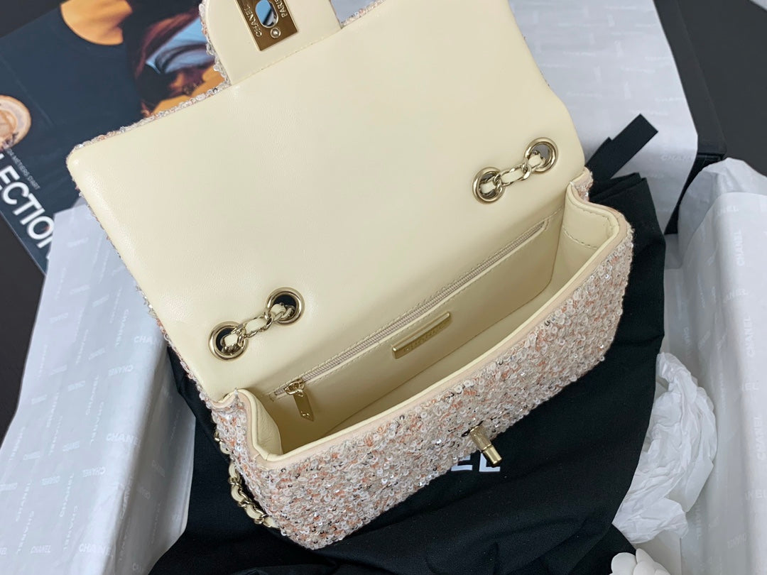 CHANEL 25C Flap Bag 20cm Beige Polka Dot Silver Sequin Calfskin