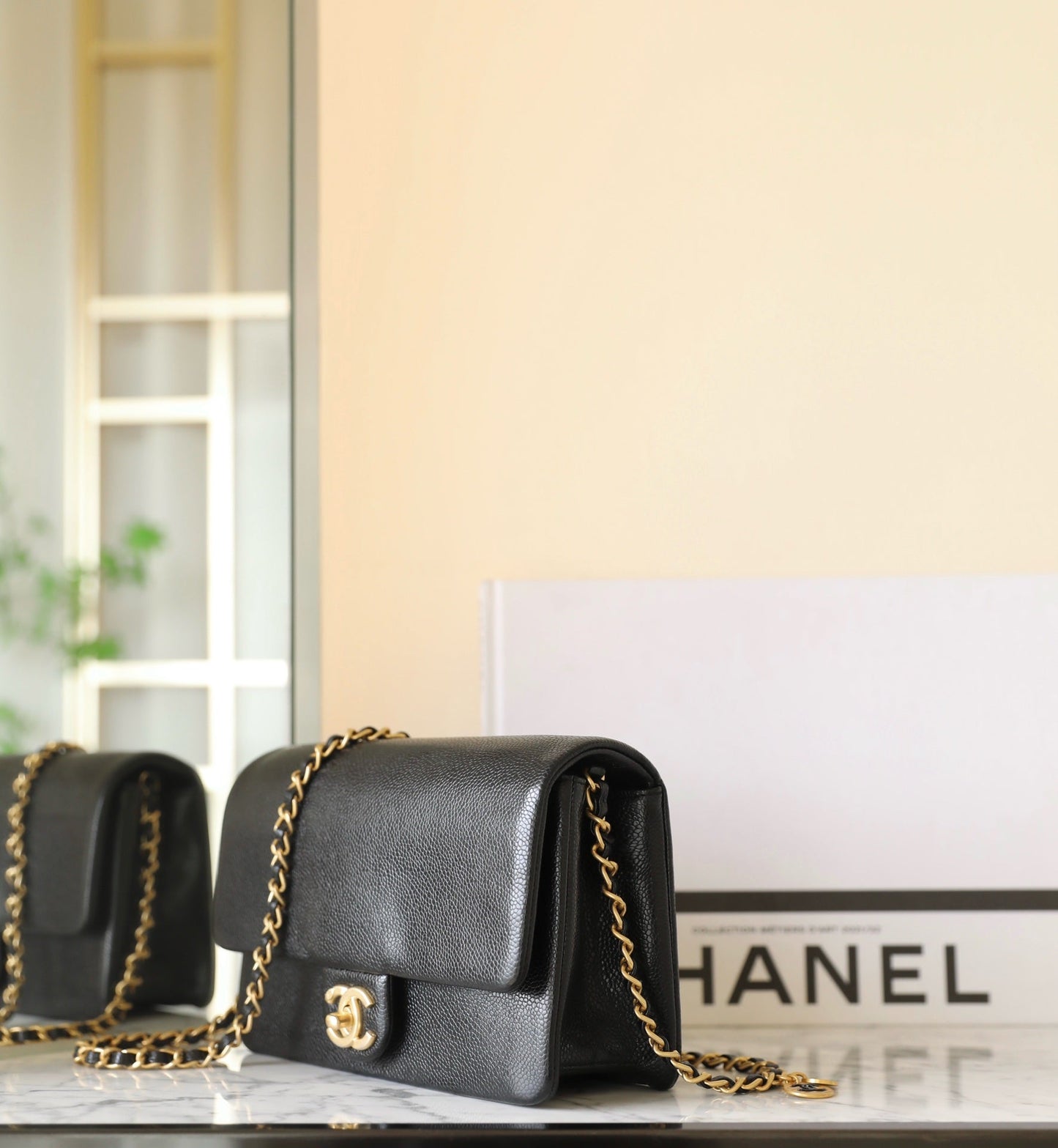 CHANEL 24K Flap Bag 23cm Black Grained Calfskin Gold Hardware