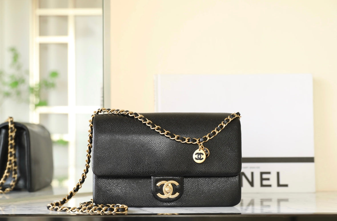 CHANEL 24K Flap Bag 23cm Black Grained Calfskin Gold Hardware
