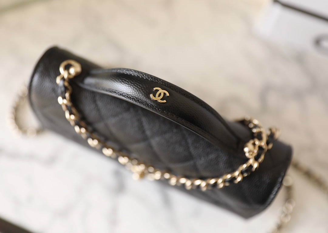 CHANEL 25C Flap Bag With Top Handle 18cm Black Grained Calfskin