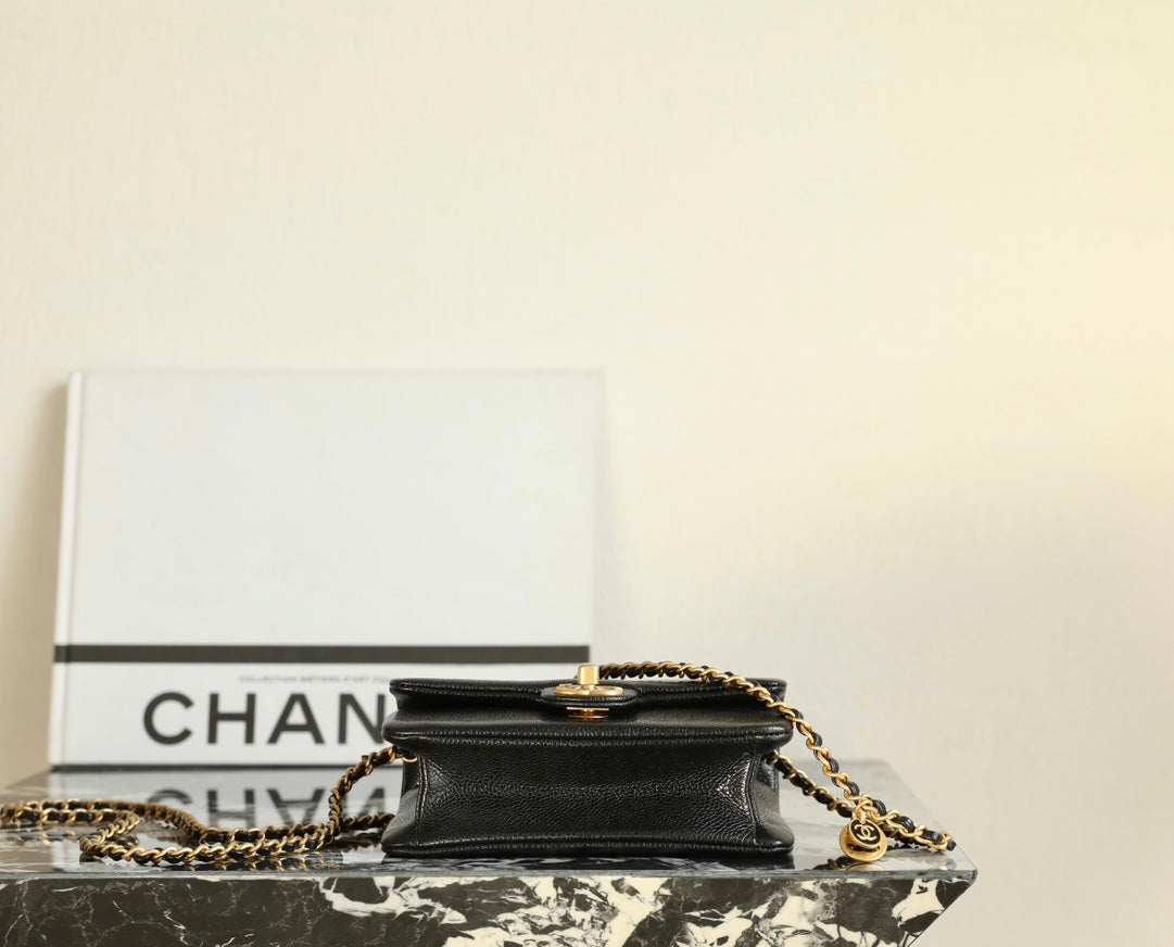 CHANEL 24K Flap Bag 18cm Black Grained Calfskin Gold Hardware