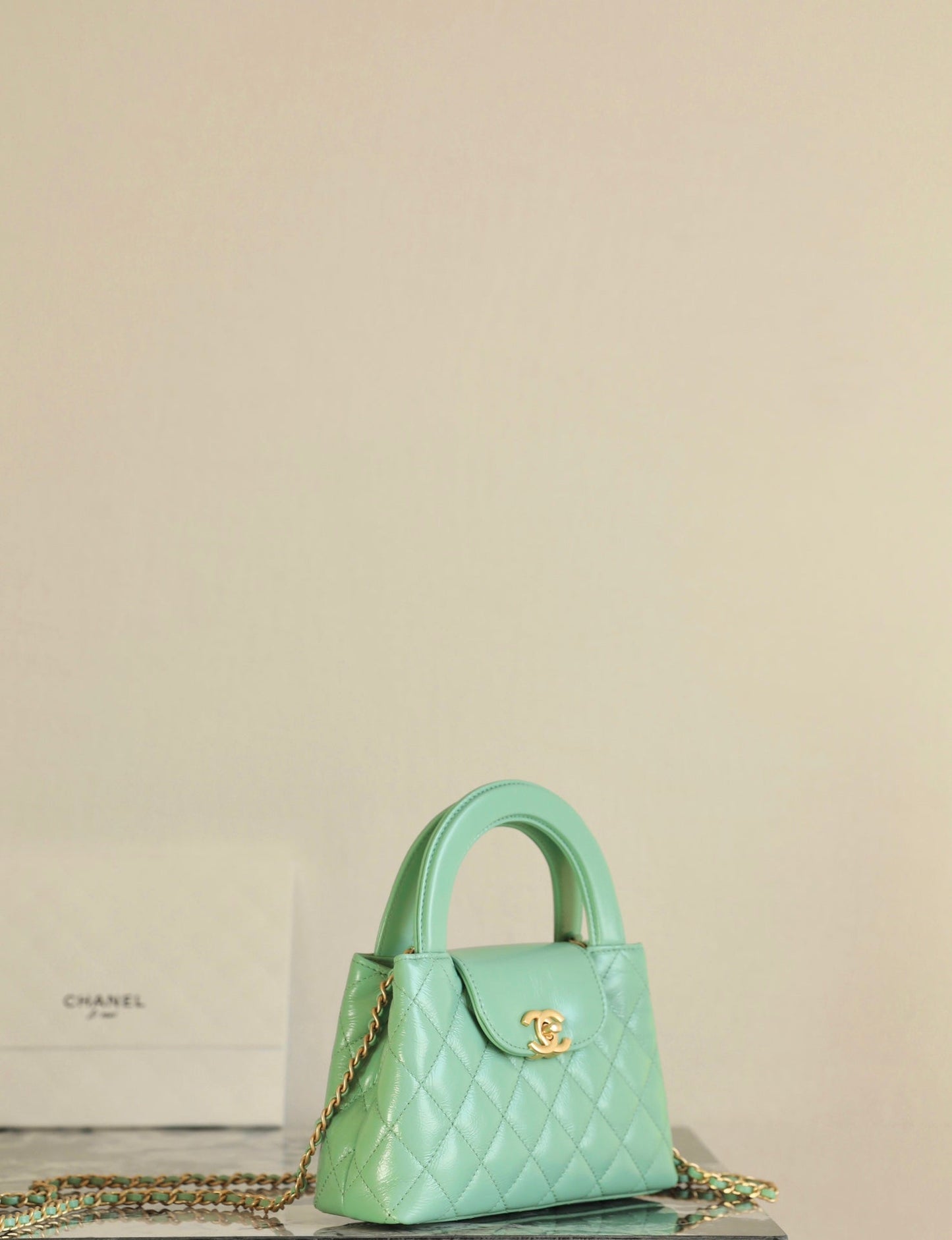 CHANEL 24K Nano 19cm Kelly Shopper Bag Cloud Blue Patent Lambskin