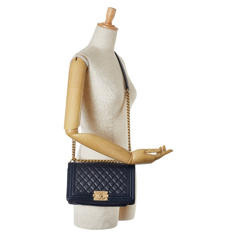 Chanel Boy Caviar Chain Shoulder Bag Navy