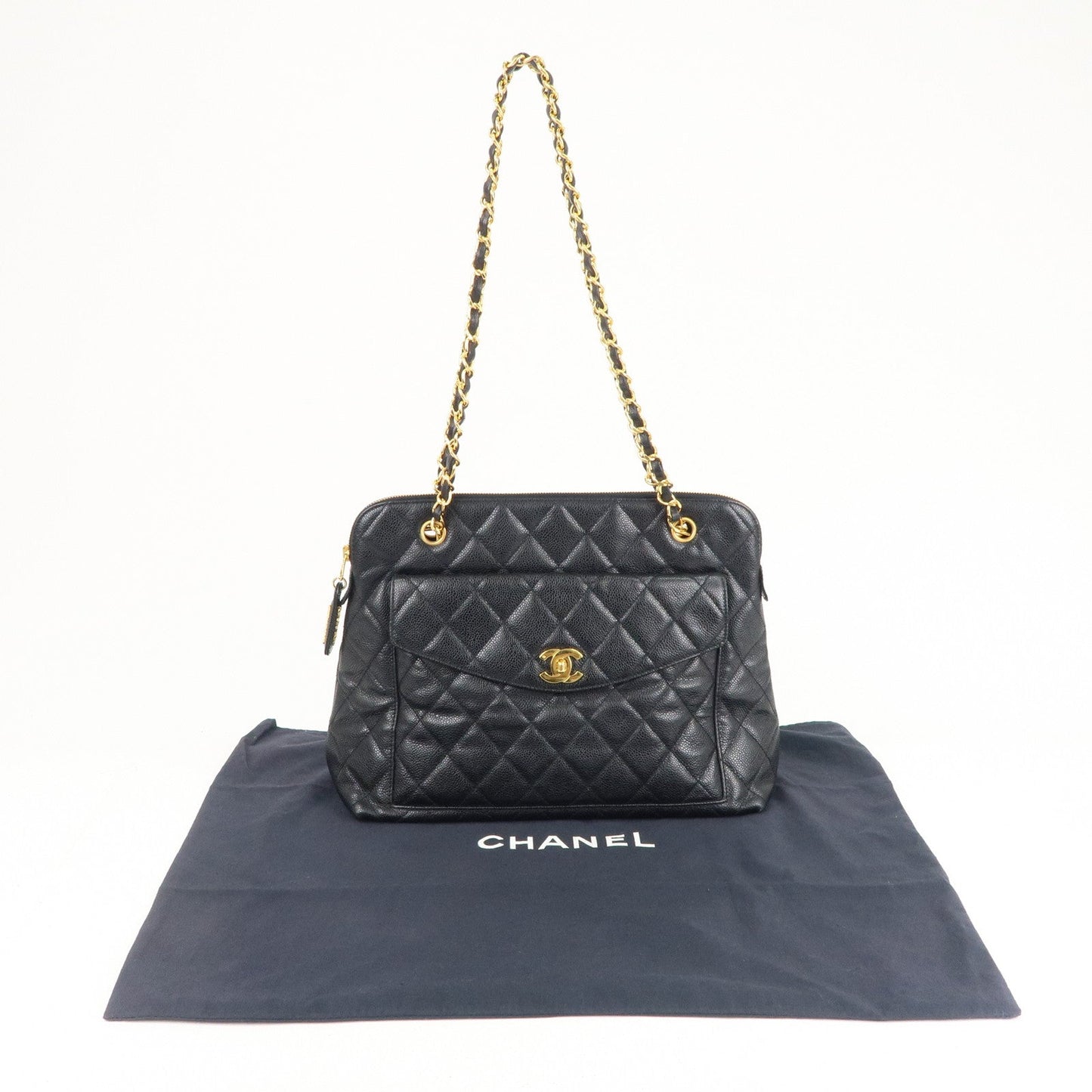 CHANEL Matelasse Caviar Skin Chain Tote Bag Shoulder Bag Black