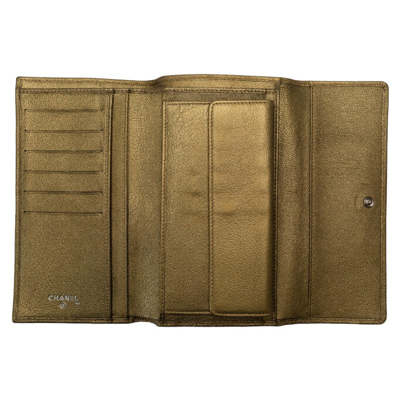 Chanel Leather Tri-Fold Wallet Metallic Khaki