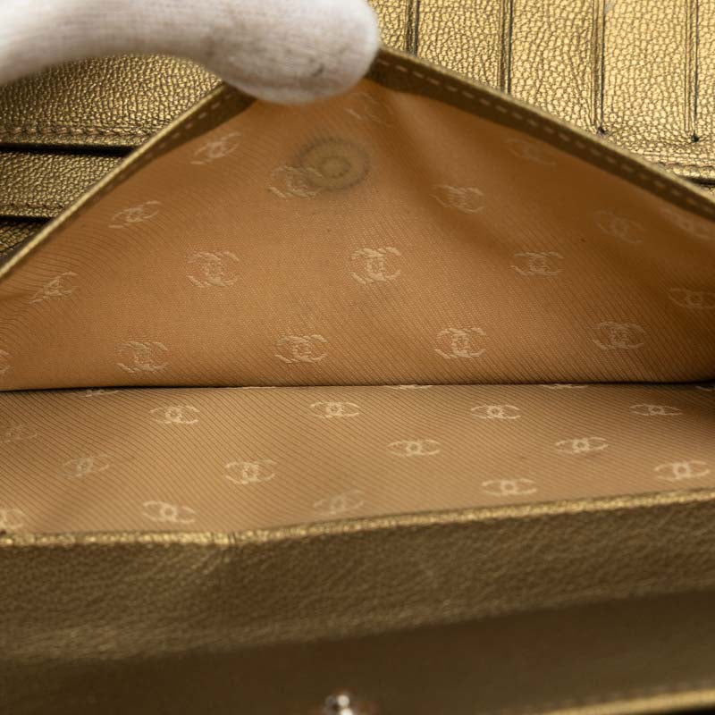 Chanel Leather Tri-Fold Wallet Metallic Khaki