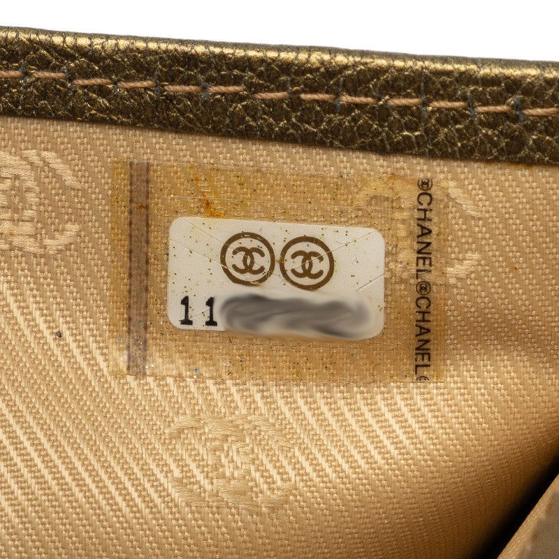 Chanel Leather Tri-Fold Wallet Metallic Khaki
