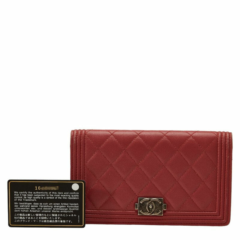 Chanel Boy Long Wallet Wine Red Leather