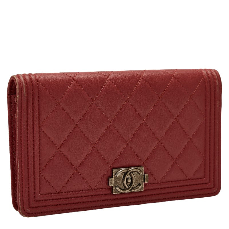 Chanel Boy Long Wallet Wine Red Leather