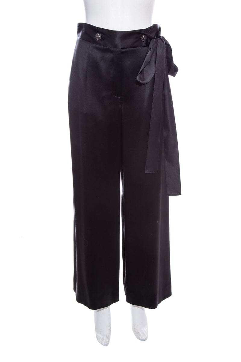 Chanel Rome Collection Black Silk Satin Tie Detail Pant SZ 38