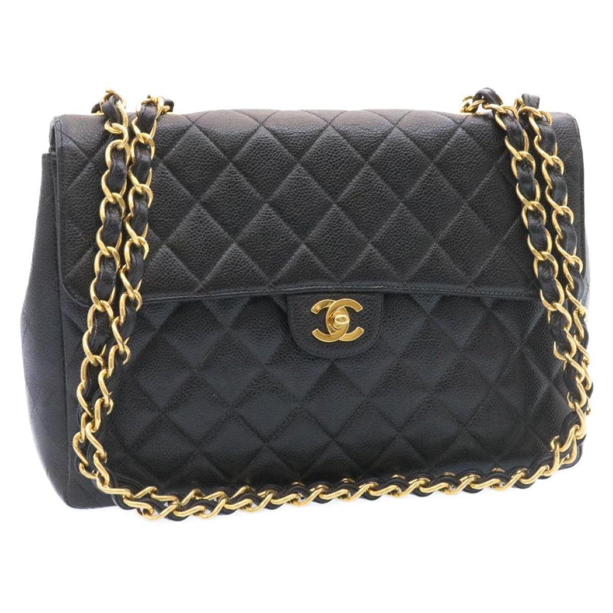 CHANEL Big Matelasse Flap Chain Shoulder Bag Caviar Skin Black Gold 25984SA