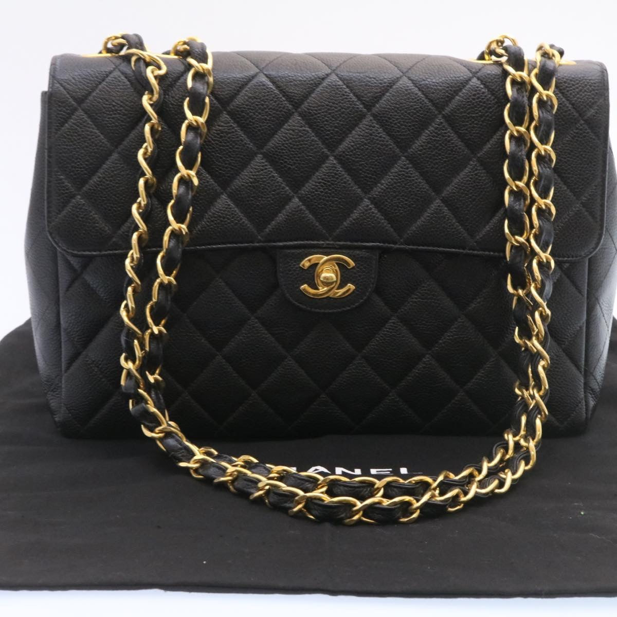 CHANEL Big Matelasse Flap Chain Shoulder Bag Caviar Skin Black Gold 25984SA
