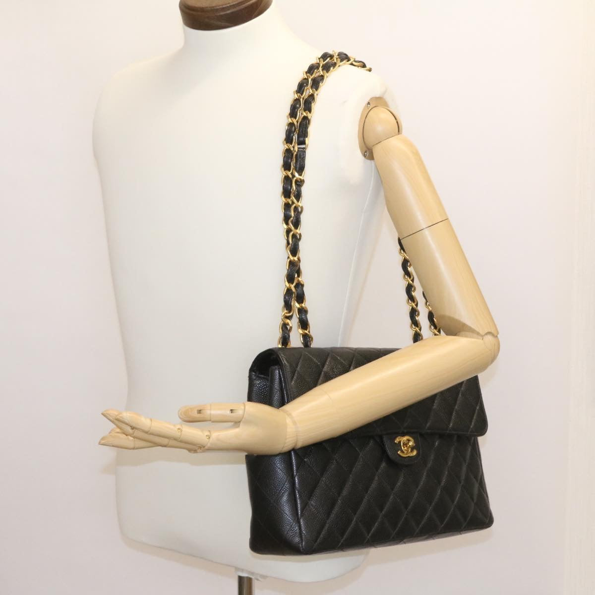 CHANEL Big Matelasse Flap Chain Shoulder Bag Caviar Skin Black Gold 25984SA