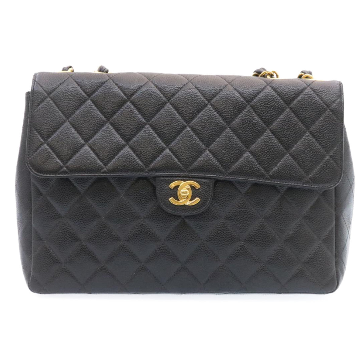 CHANEL Big Matelasse Flap Chain Shoulder Bag Caviar Skin Black Gold 25984SA