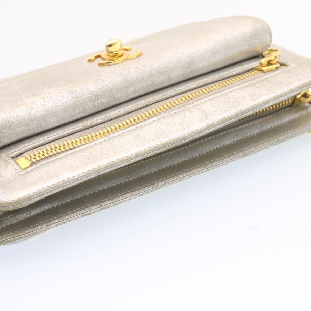 CHANEL Clutch Bag Leather Silver CC 26857A