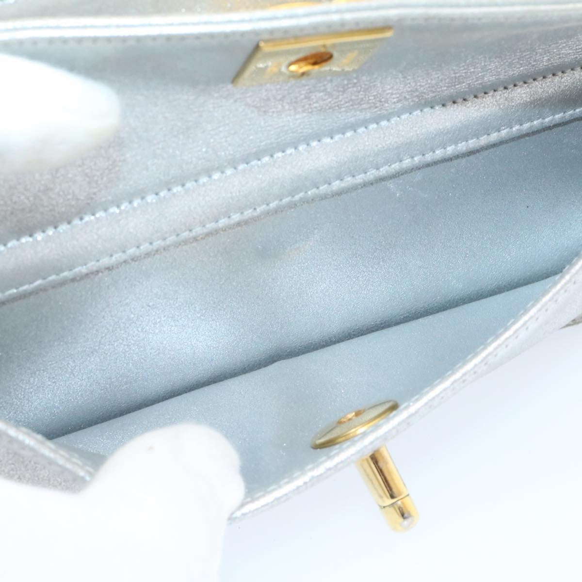 CHANEL Clutch Bag Leather Silver CC 26857A