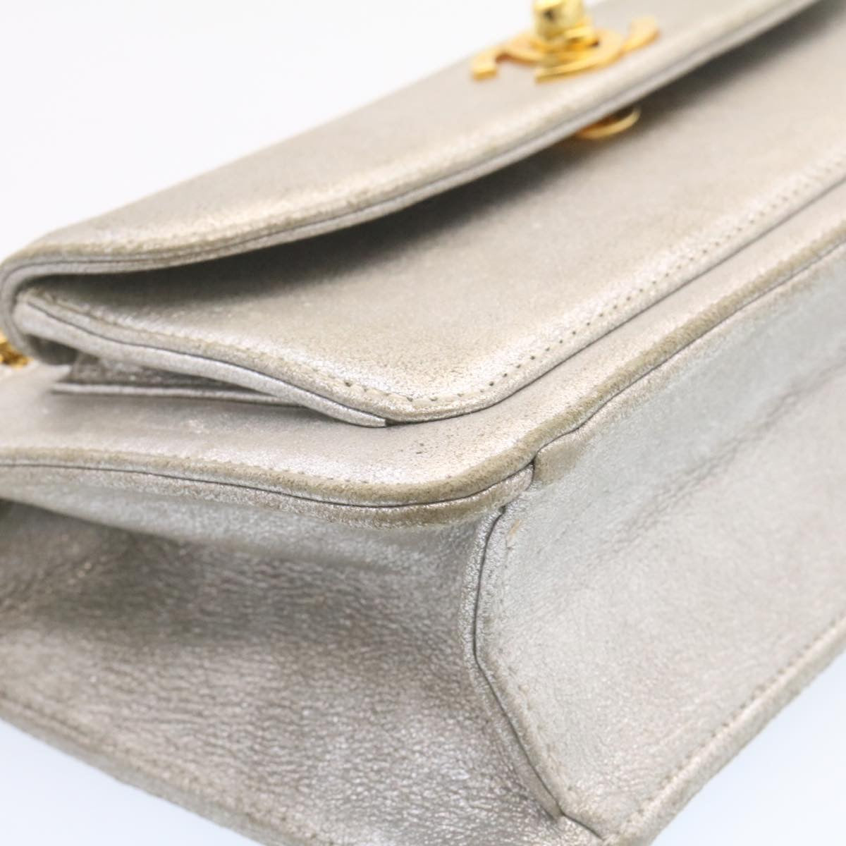 CHANEL Clutch Bag Leather Silver CC 26857A