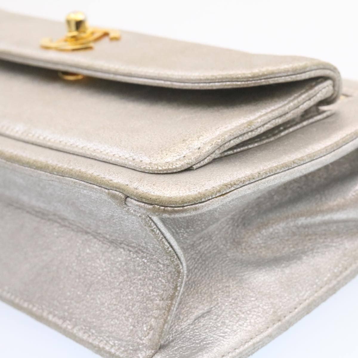 CHANEL Clutch Bag Leather Silver CC 26857A