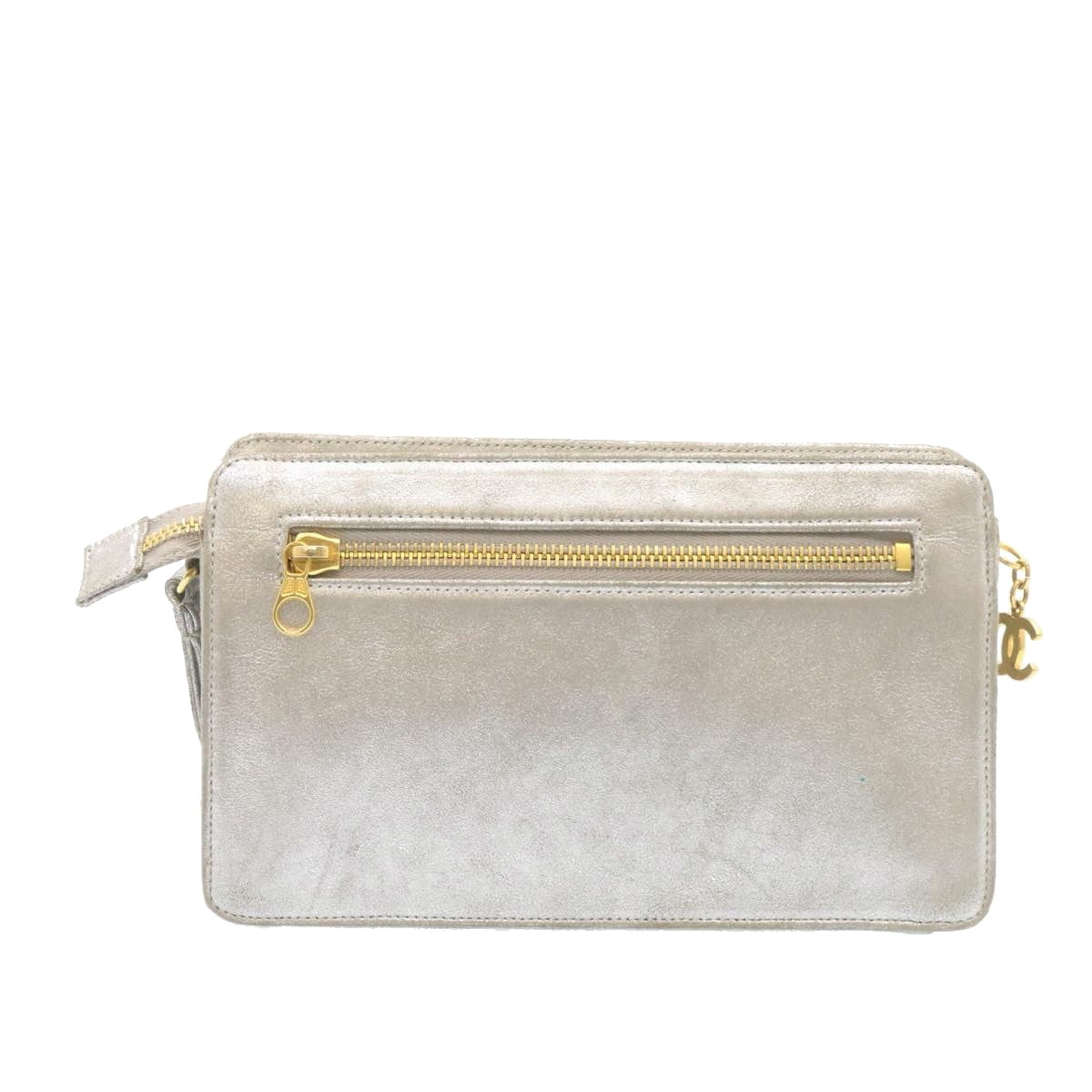 CHANEL Clutch Bag Leather Silver CC 26857A