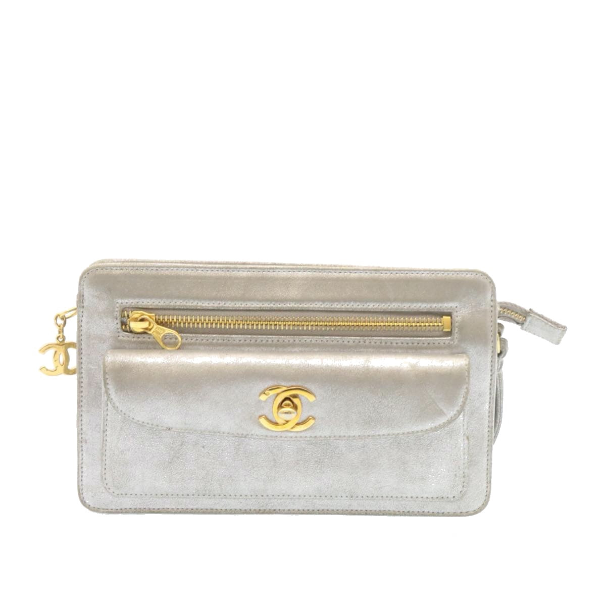CHANEL Clutch Bag Leather Silver CC 26857A