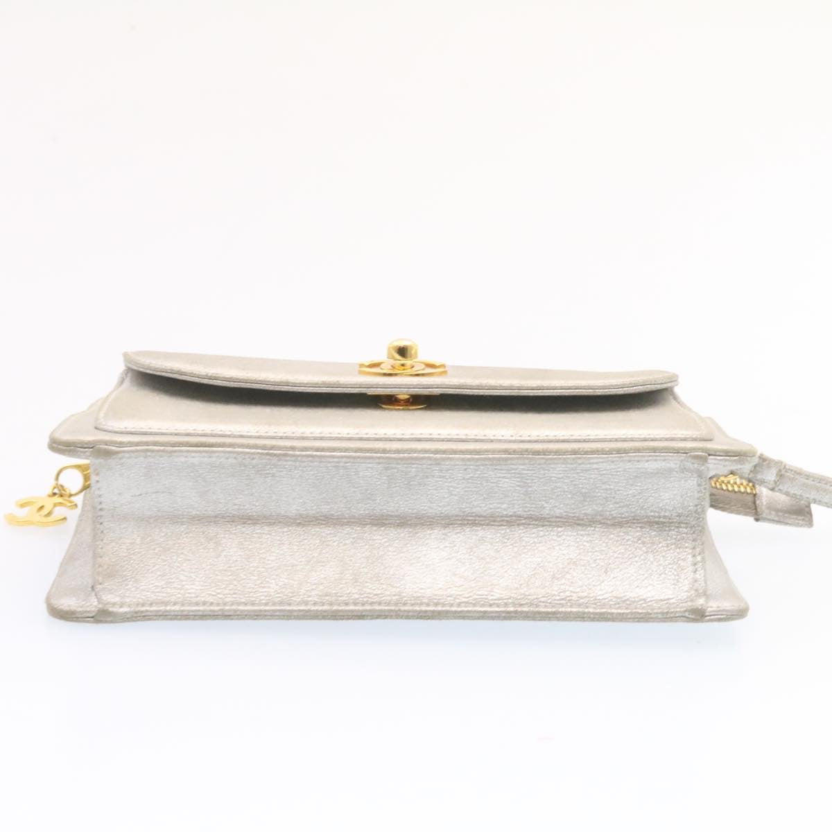 CHANEL Clutch Bag Leather Silver CC 26857A