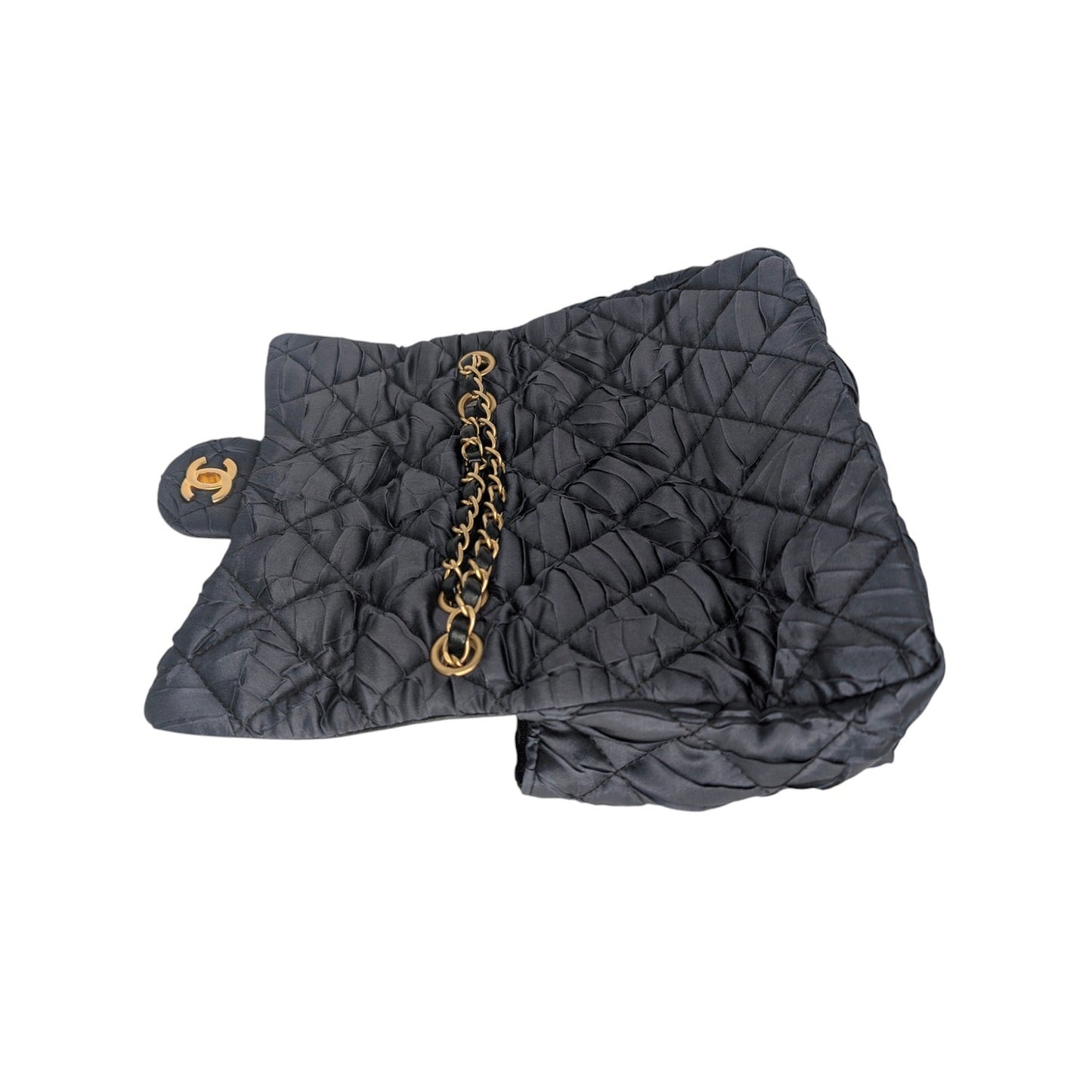 Chanel Black Satin Quilted Pleated Medium Single Flap