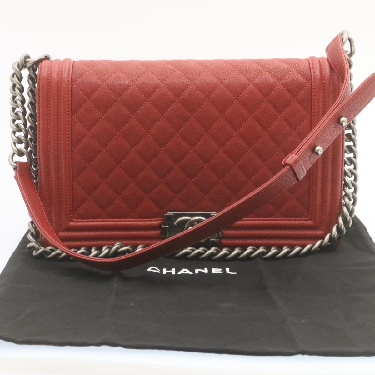 CHANEL Boy Chanel Matelasse Chain Flap Shoulder Bag Leather Red CC 28281A