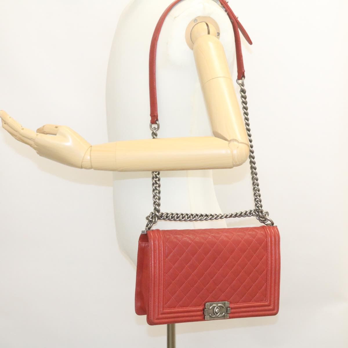 CHANEL Boy Chanel Matelasse Chain Flap Shoulder Bag Leather Red CC 28281A