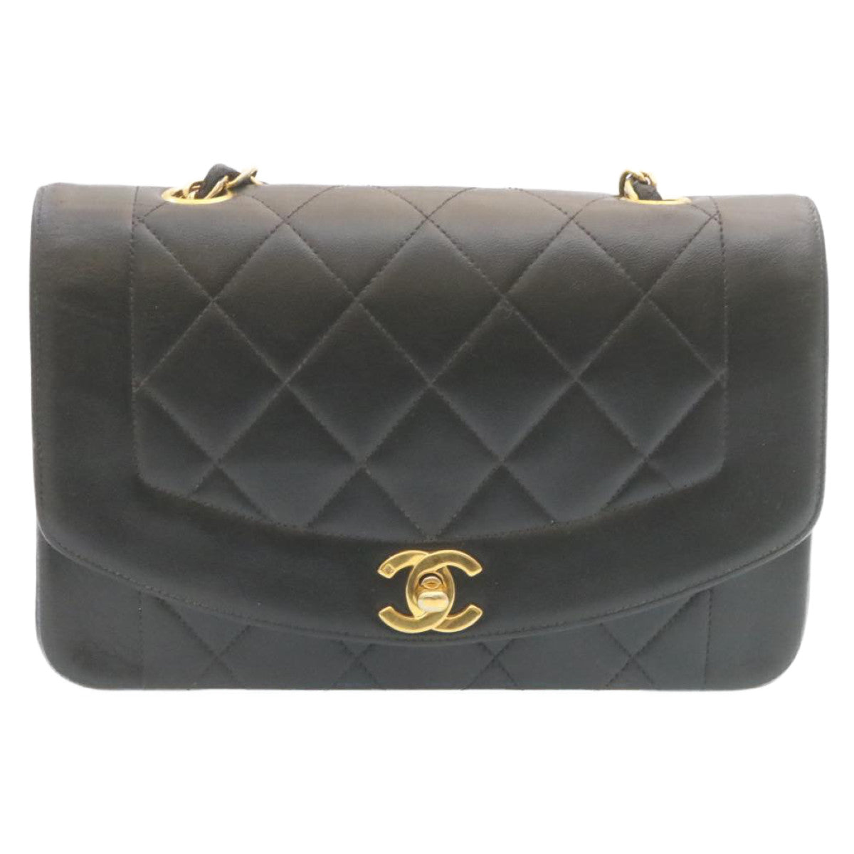 CHANEL Chain Turn Lock Diana Matelasse Shoulder Bag Lamb Skin Black 28470A