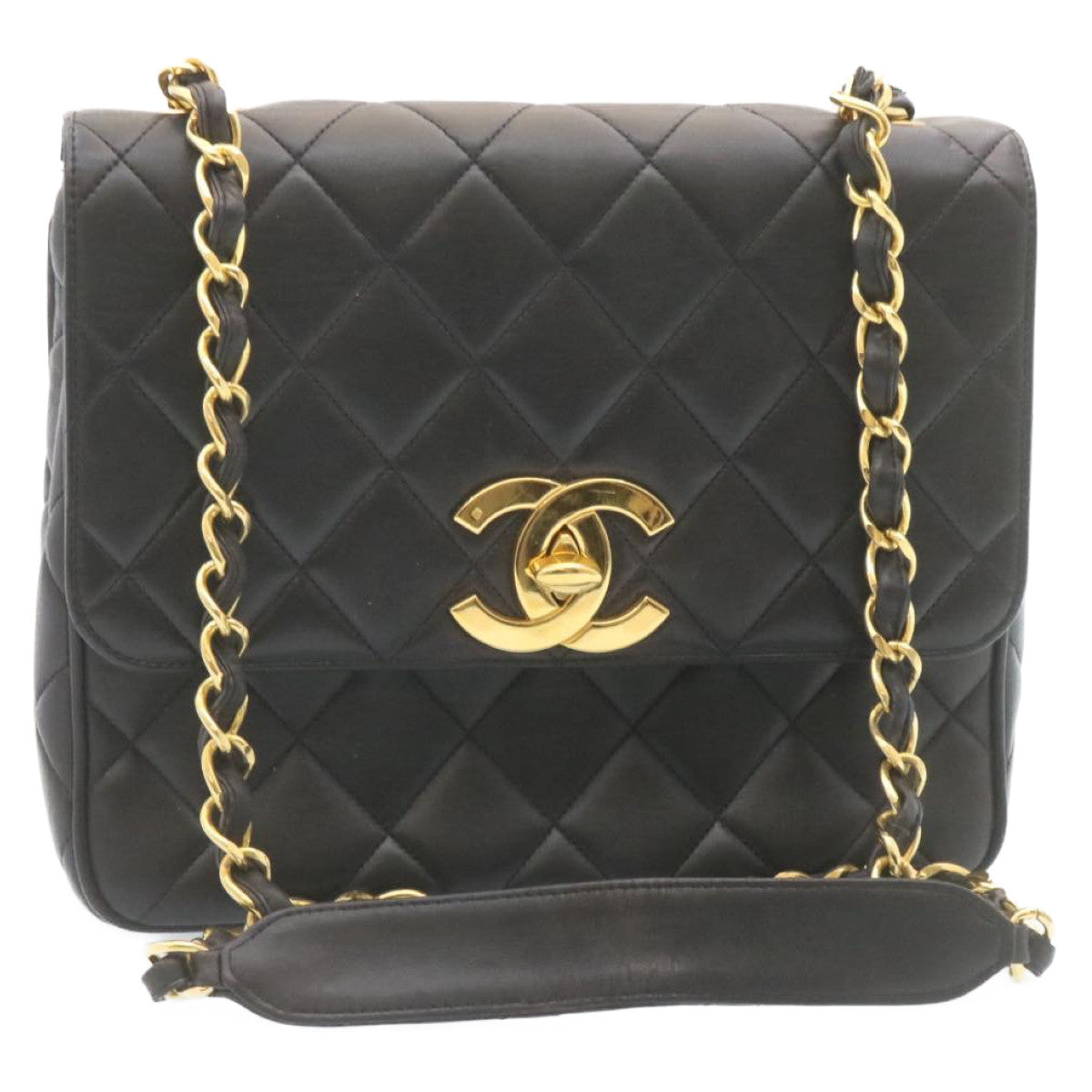CHANEL Matelasse Chain Flap Shoulder Bag Lamb Skin Black Gold CC 28632SA