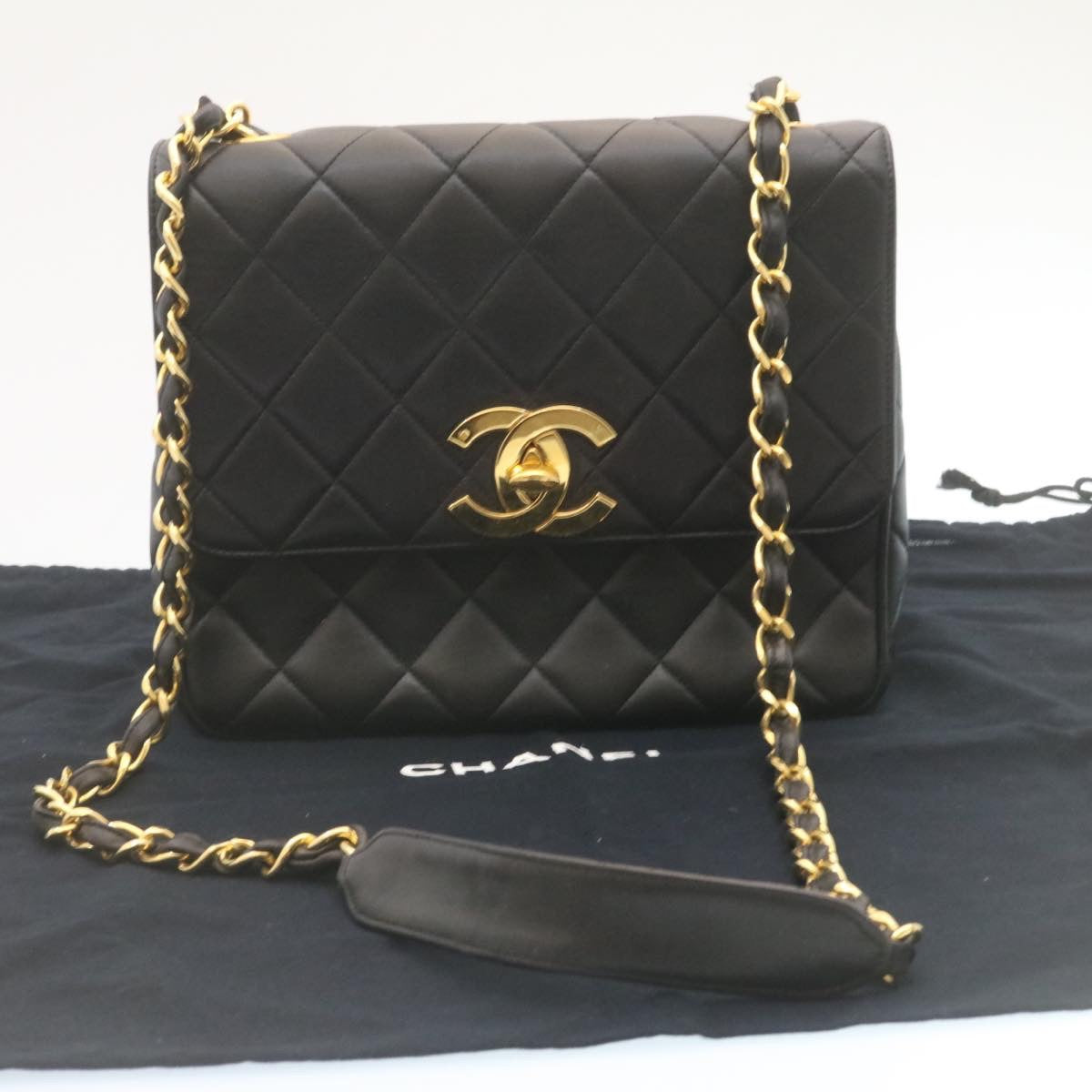 CHANEL Matelasse Chain Flap Shoulder Bag Lamb Skin Black Gold CC 28632SA