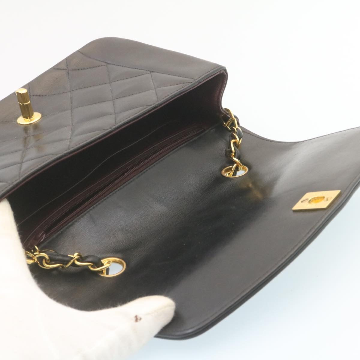 CHANEL Chain Turn Lock Diana Matelasse Shoulder Bag Lamb Skin Black 28643A