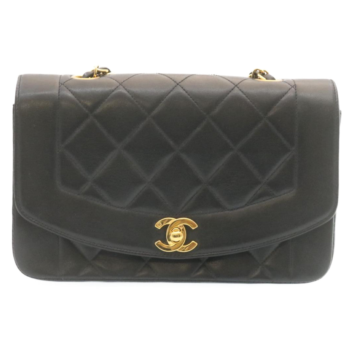 CHANEL Chain Turn Lock Diana Matelasse Shoulder Bag Lamb Skin Black 28643A