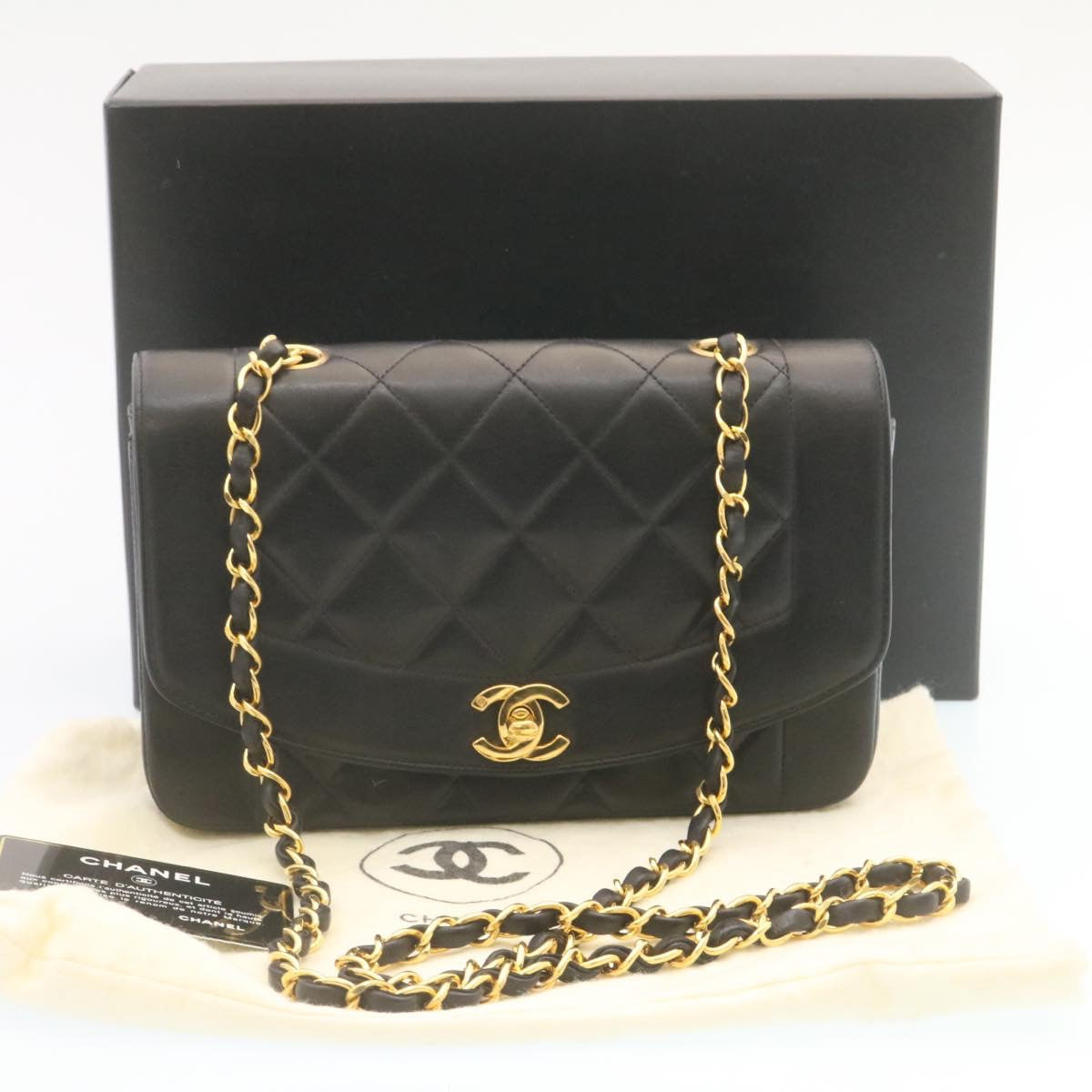 CHANEL Chain Turn Lock Diana Matelasse Shoulder Bag Lamb Skin Black 28643A