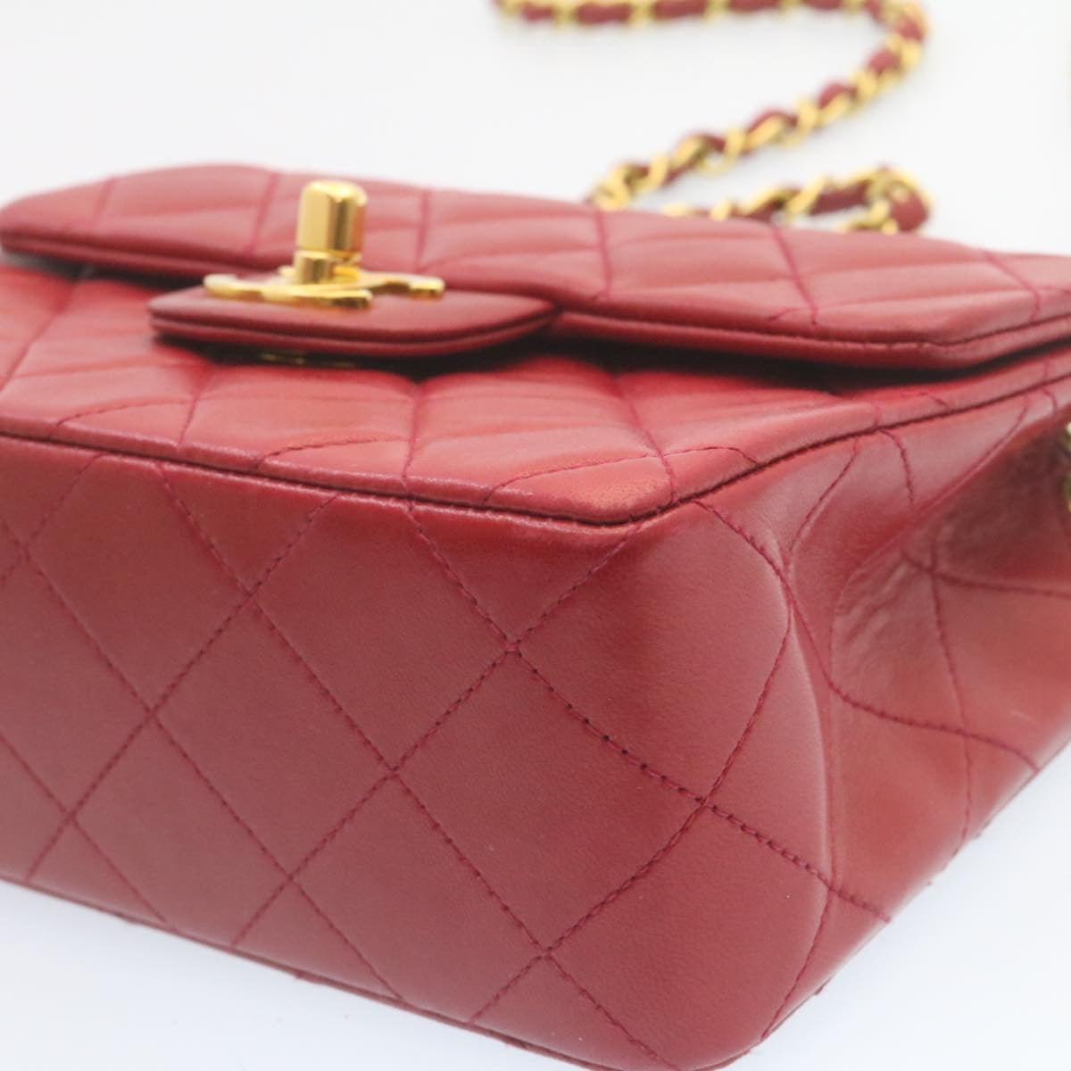 CHANEL Matelasse Chain Flap Shoulder Bag Lamb Skin Turn Lock Red CC 28661A